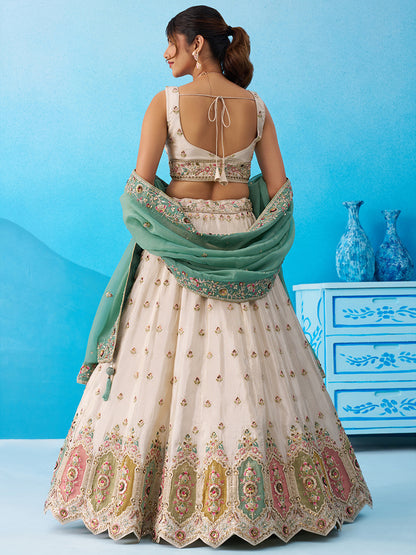 Cream green- Tissue Sequins Embroidered Multicolor Patch Work Lehenga 6166