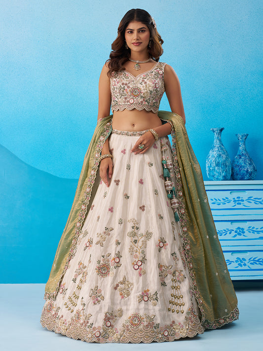 Cream- Tissue Sequins Embroidered Lehenga 6232