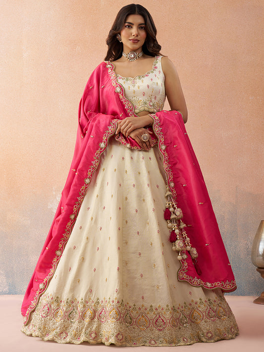 Pink- Cosmos Silk Beads & Sequins Embroidered Lehenga 6313