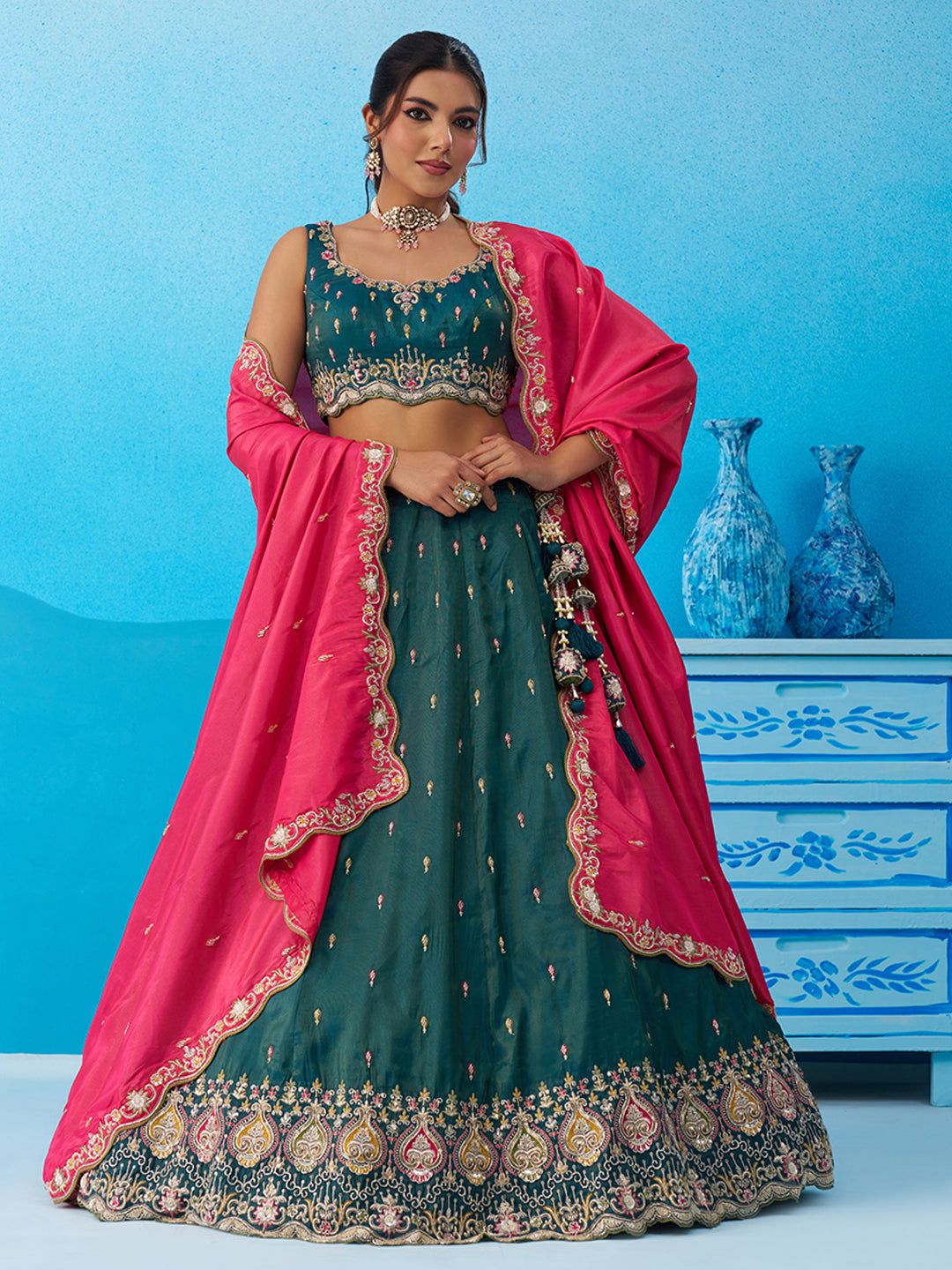 Rama green- Cosmos Silk Beads & Sequins Embroidered Lehenga 6313
