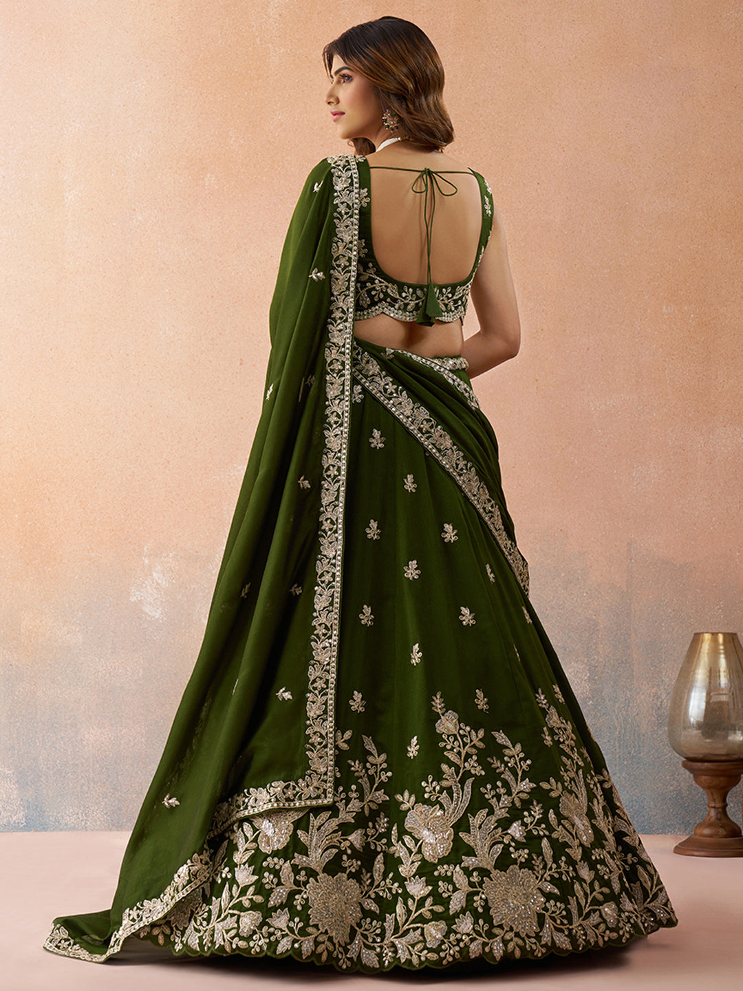 Mehendi Green- Tissue Sequinned with Zari Embroidered Lehenga 6309