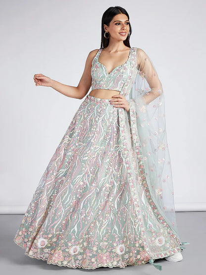 Bright Sequin, Golden-Sliver Threaded Embroidered Georgette sea green white girlish Lehenga