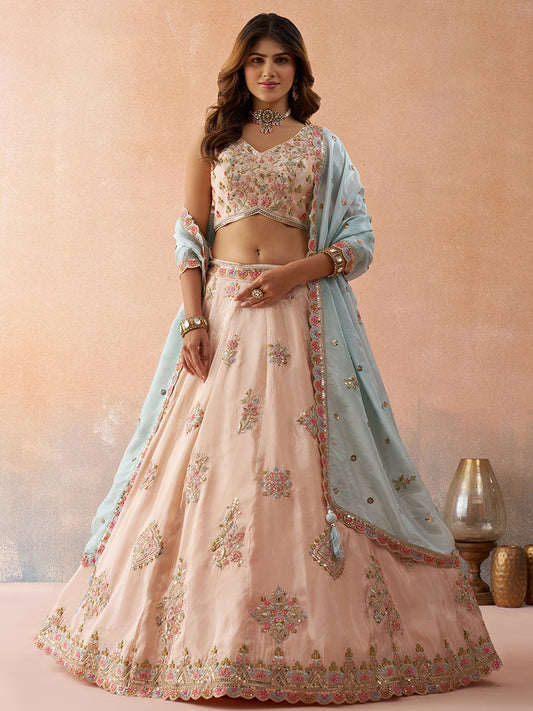 Peach copper- Tissue Sequined & Zari Embroidered Lehenga 6132