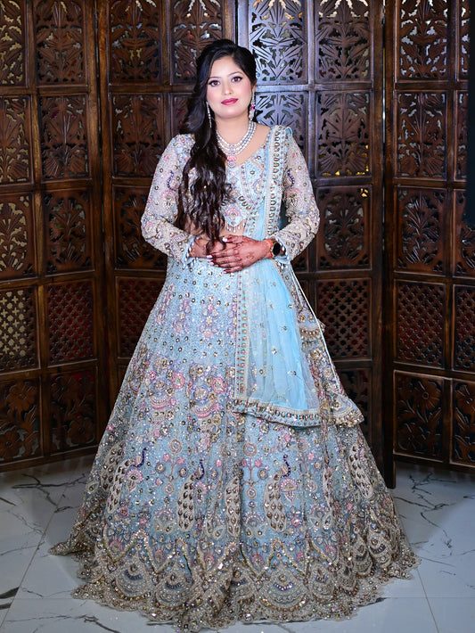 Glamorous Viral sky blue peacock crop top Lehenga (Happy Customer)