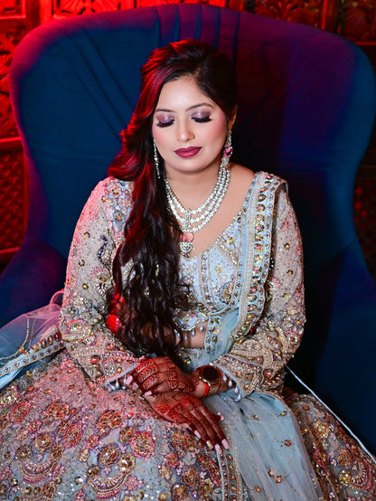 Glamorous Viral sky blue peacock crop top Lehenga (Happy Customer)