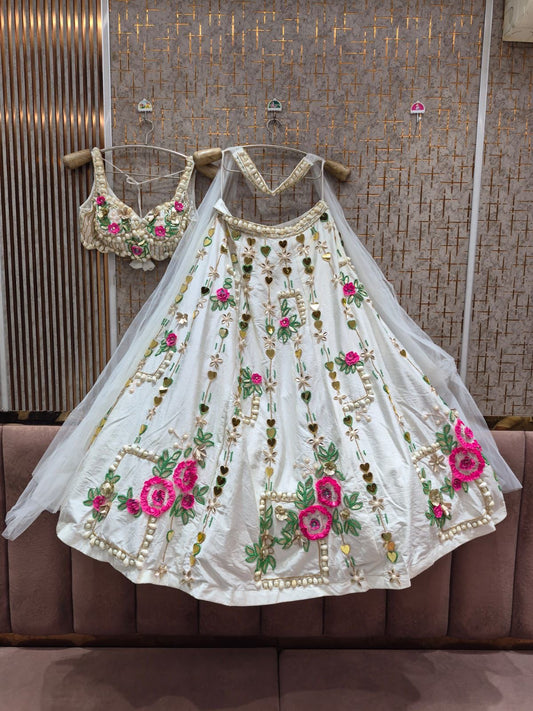 White Pink Pdp Pearl Crop Top Lehenga
