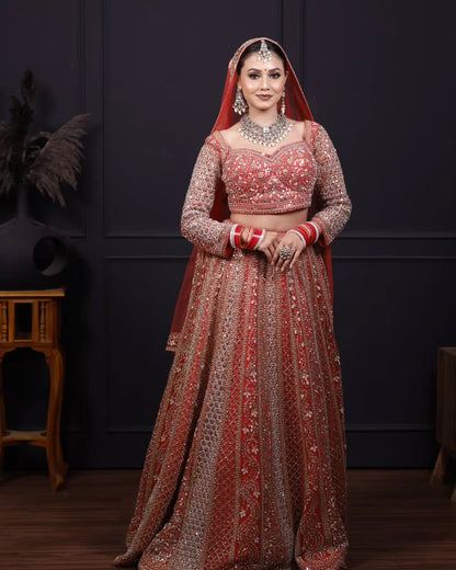 Astonishing Orange Ready to wear Mirror work Crop Top Lehenga