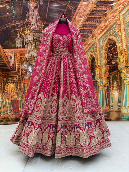 Eye catching rani pink peacock pure handwork heavy bridal Lehenga