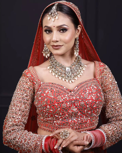 Astonishing Orange Ready to wear Mirror work Crop Top Lehenga