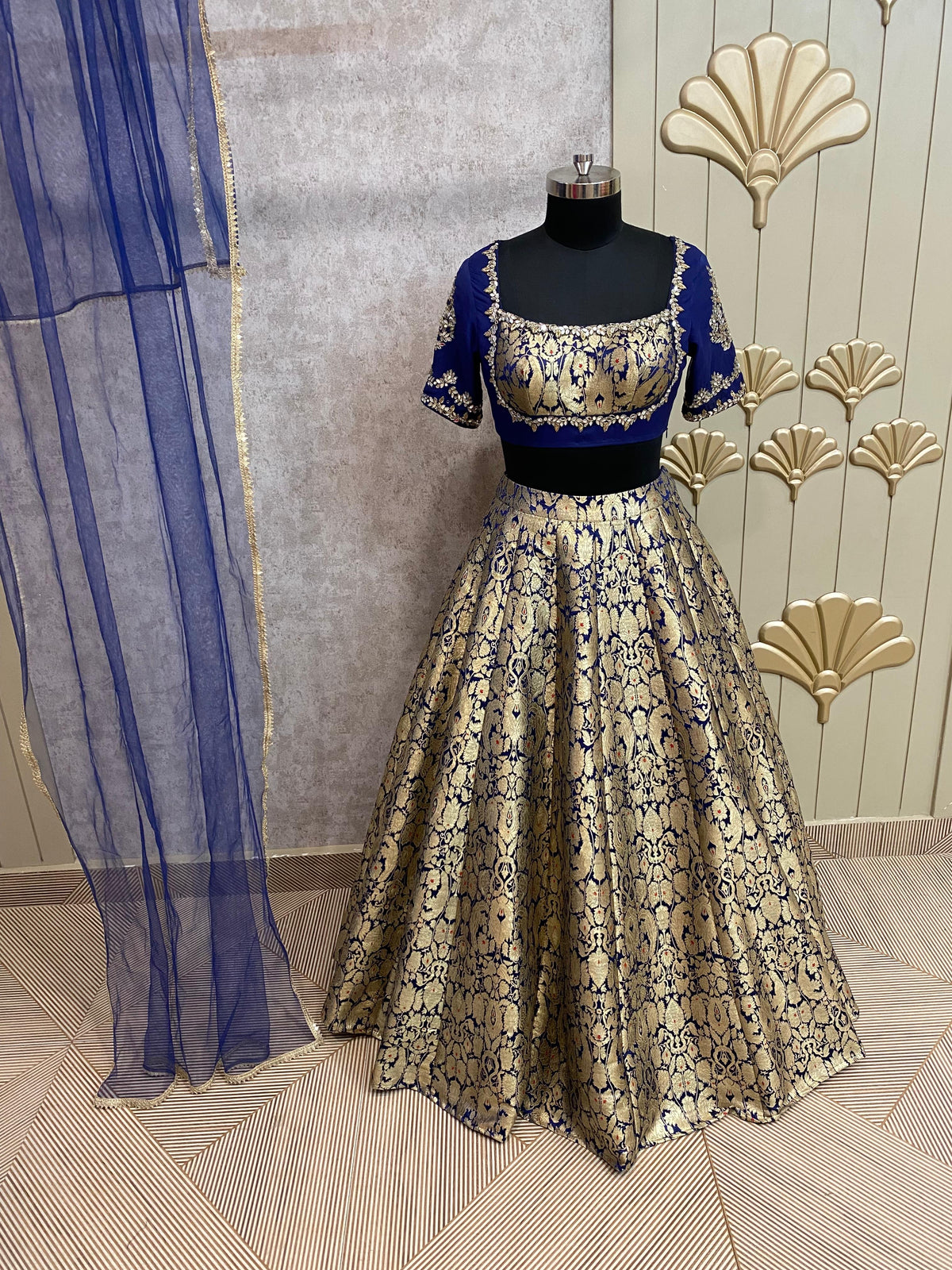 Golden blue crop top lehenga