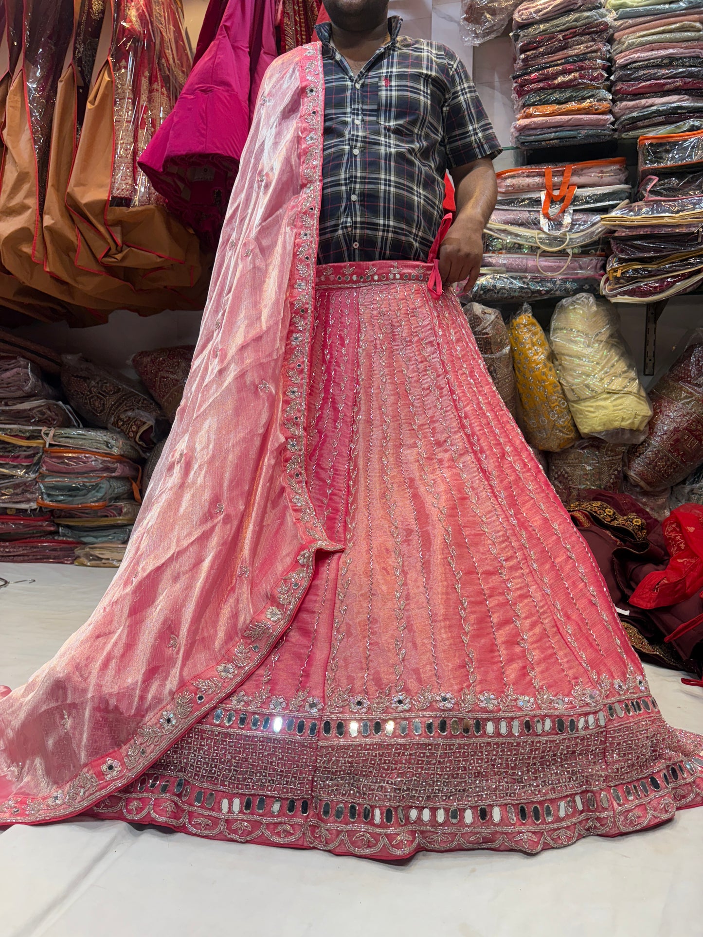 Stunning pink mirror work Lehenga