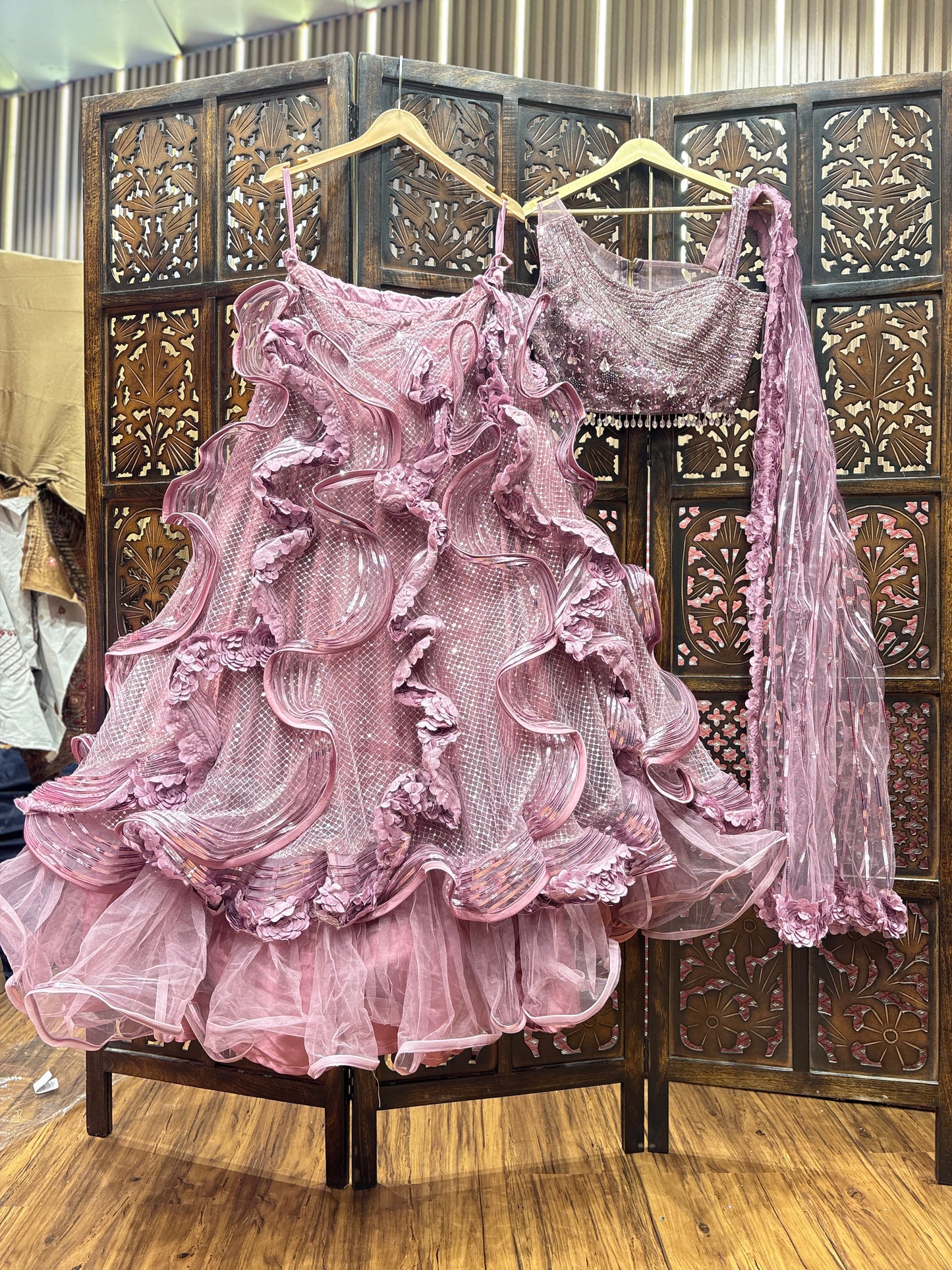 Embellished pink Frill crop top Lehenga