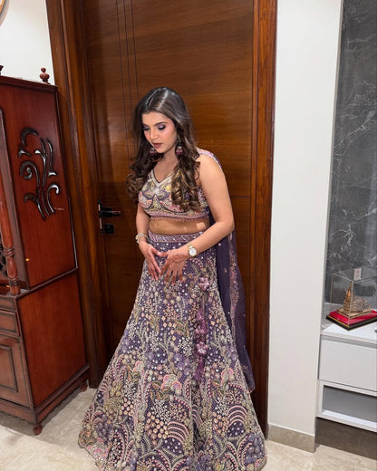 Blue Net Heavy Embroidered Multi-Color Sequins Zarkan Mirror Work Lehenga