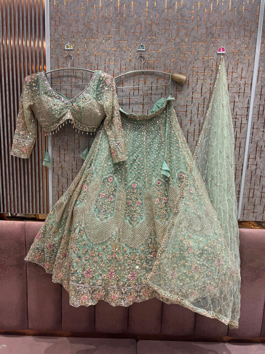 Pista Green Crop Top Lehenga
