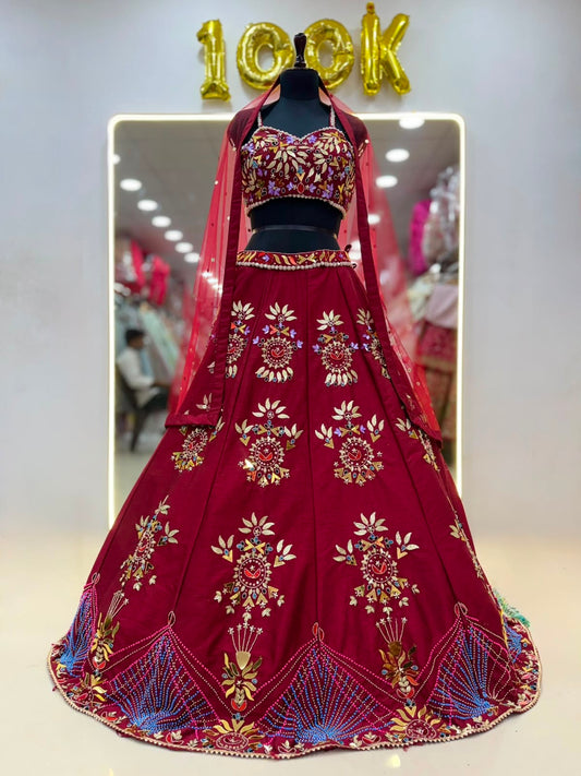 Maroon Golden Pdp Crop Top Lehenga