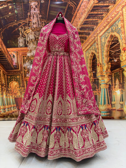 Eye catching rani pink peacock pure handwork heavy bridal Lehenga
