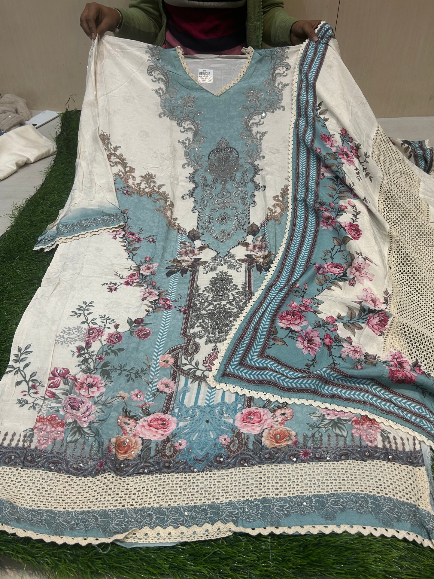 Beautiful white blue Unstitched suit ( free size )