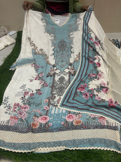 Beautiful white blue Unstitched suit ( free size )