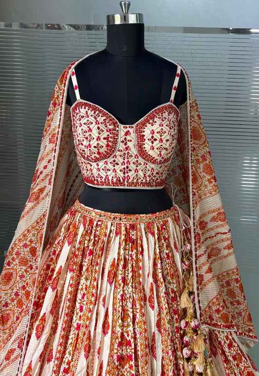 White Orange Crop Top Lehenga