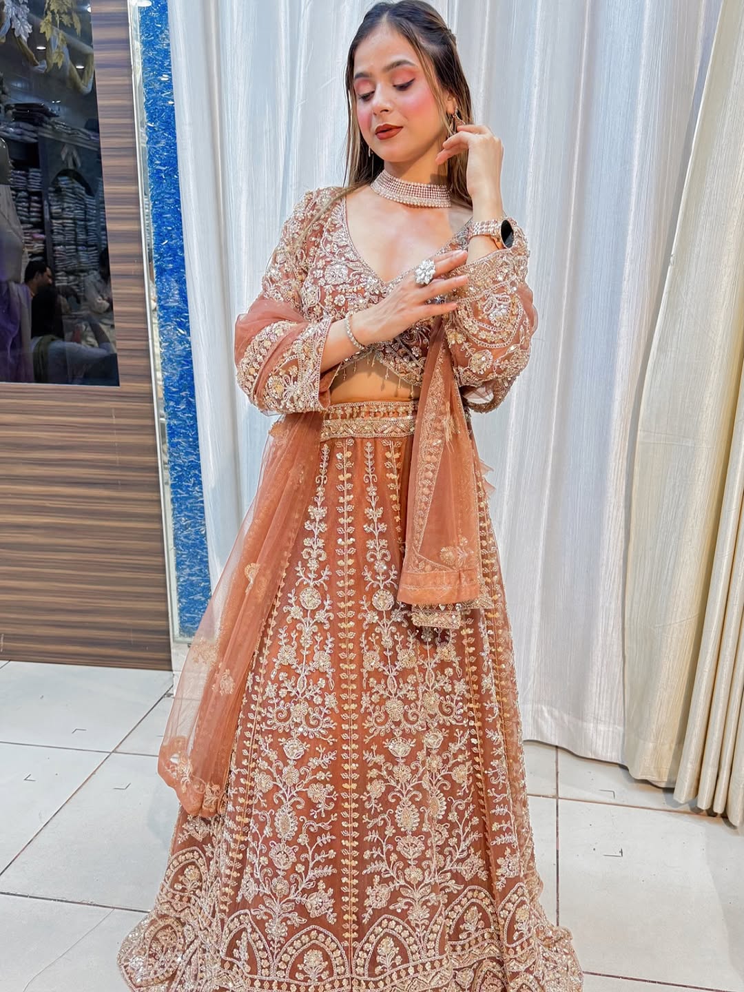 Tremendous light peach Crop top Lehenga Happy Customer