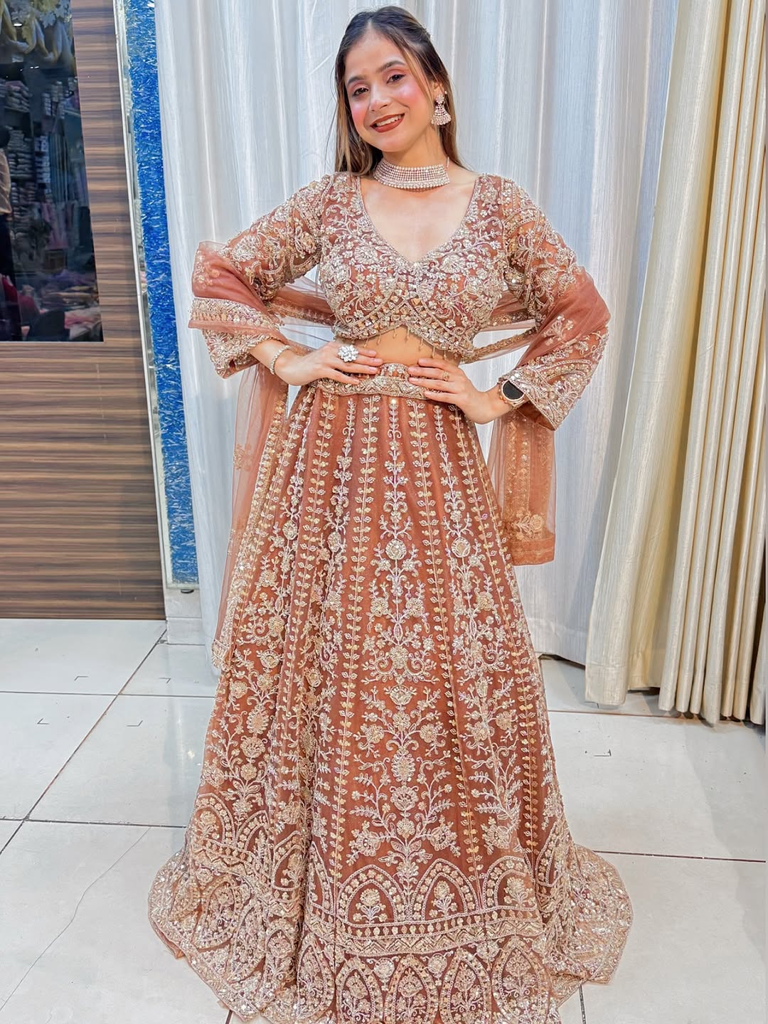 Tremendous light peach Crop top Lehenga Happy Customer