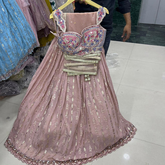 Pink peach silver blue heavy blouse Crop Top Lehenga