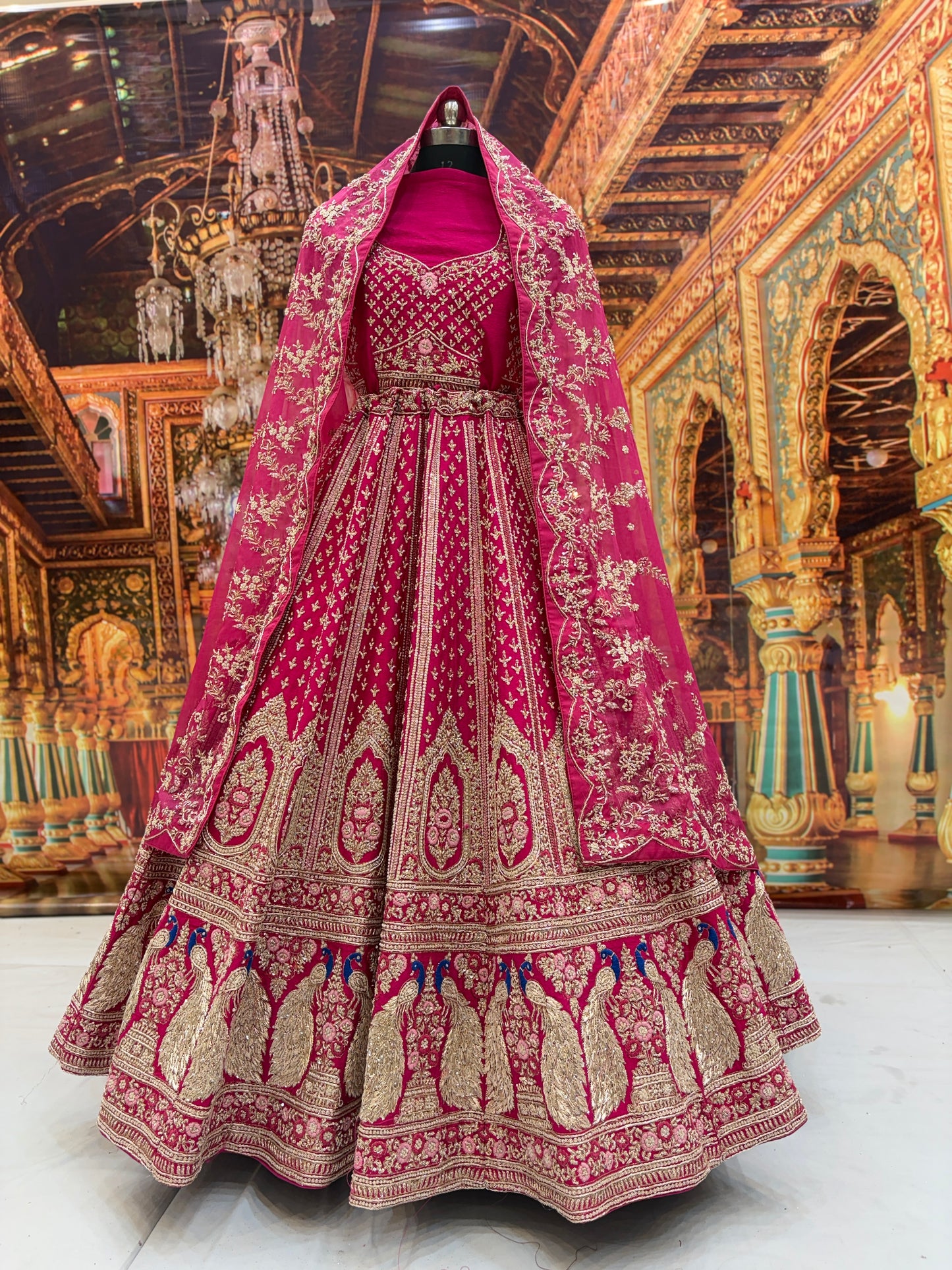 Eye catching rani pink peacock pure handwork heavy bridal Lehenga