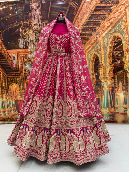 Eye catching rani pink peacock pure handwork heavy bridal Lehenga