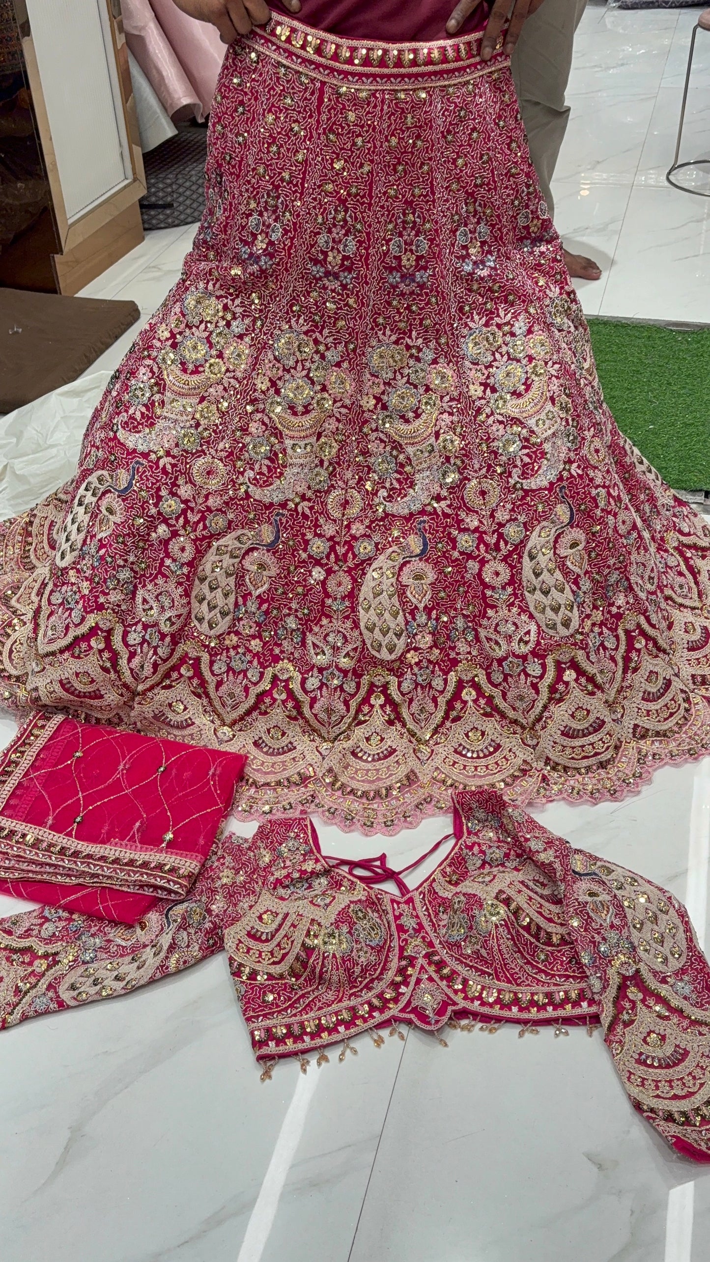 Good looking pink peacock crop top Lehenga