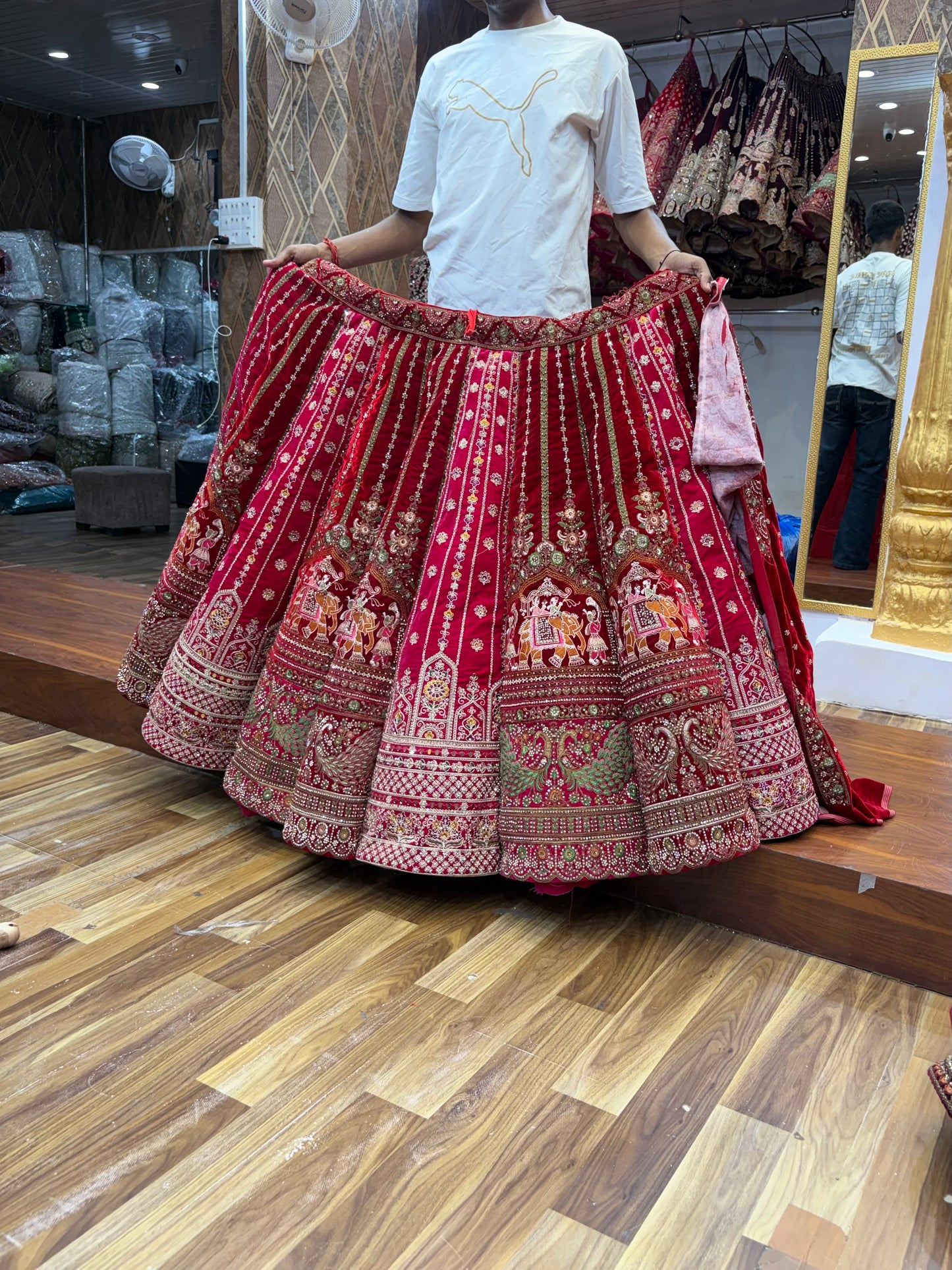 Maroon Pink Red Multikali Ball Bridal Lehenga