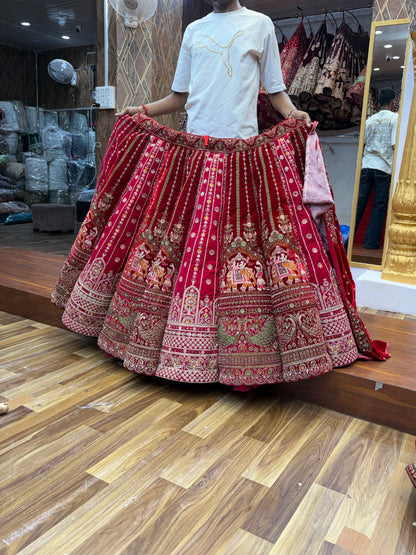 Maroon Pink Red Multikali Ball Bridal Lehenga