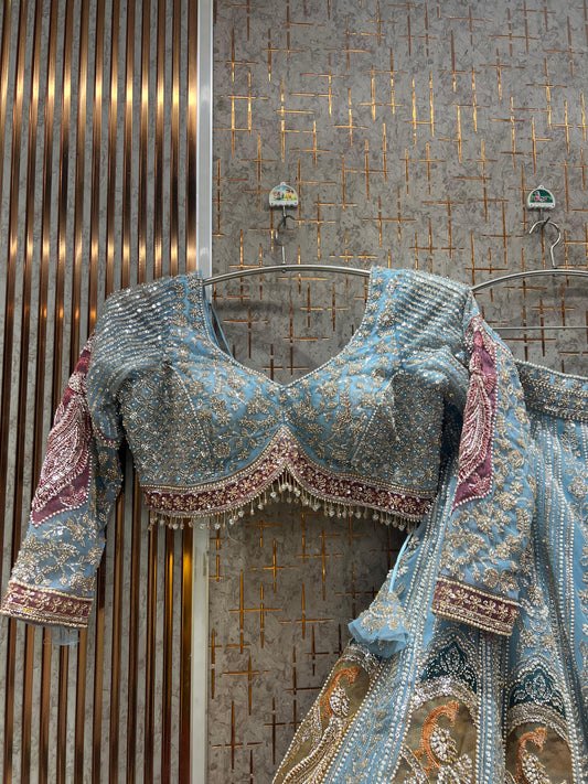 Sky Blue pink crop top Lehenga