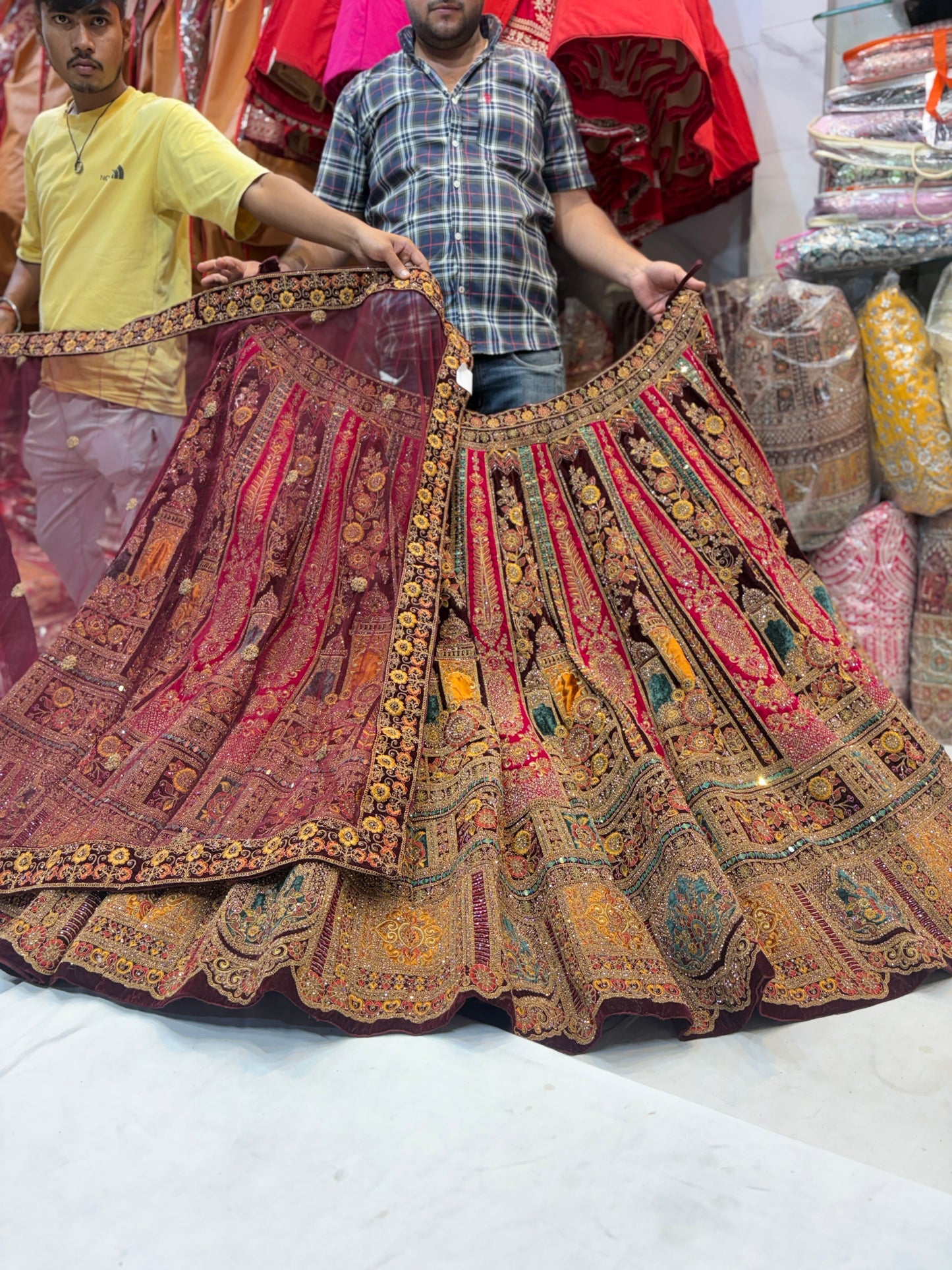 Lavishing maroon mustard bridal Lehenga