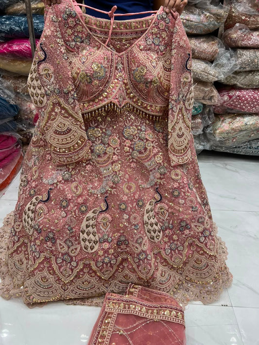 Baby Pink Peacock Crop Top Lehenga
