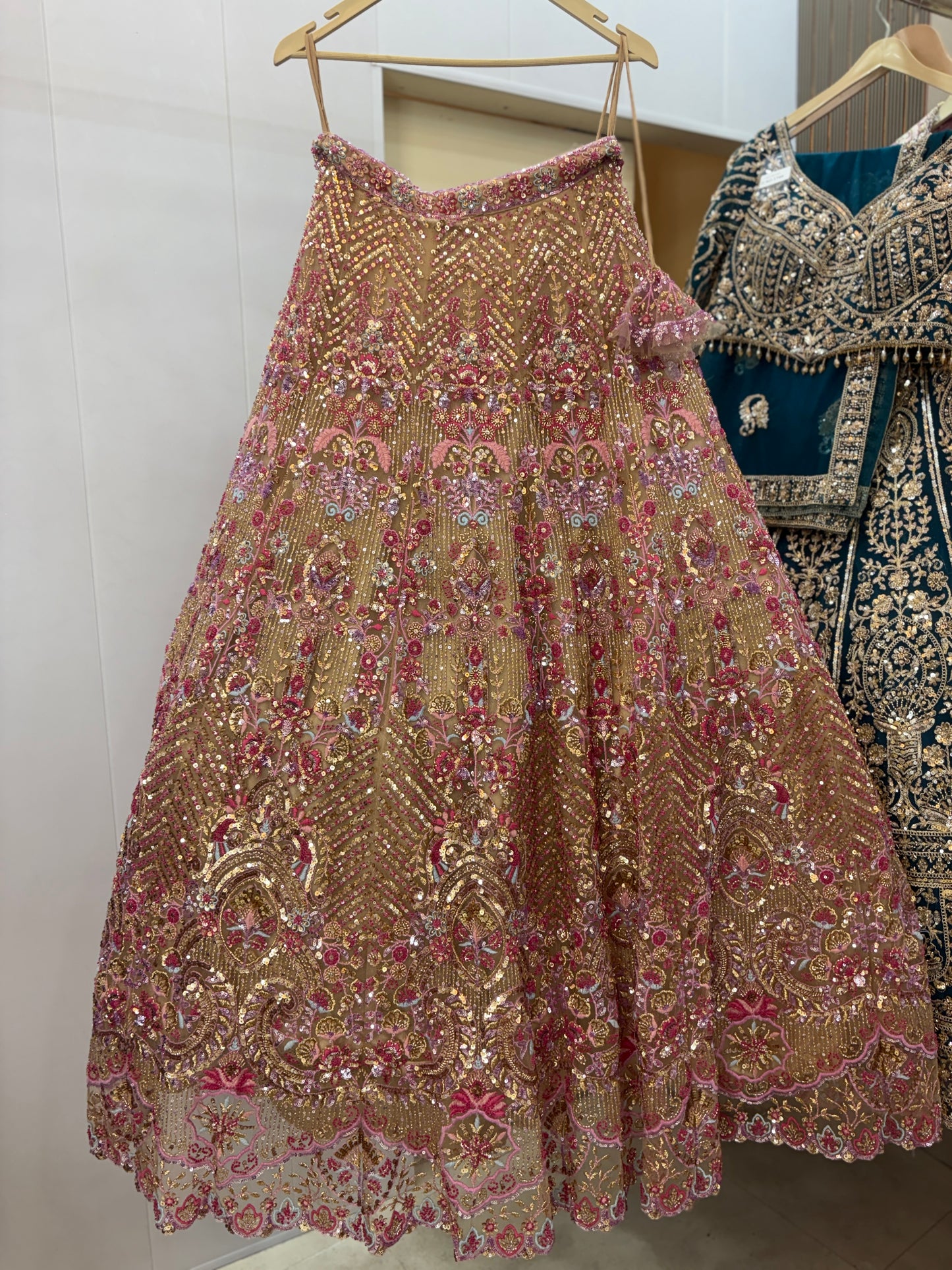 Stunning beige pink beads crop top Lehenga