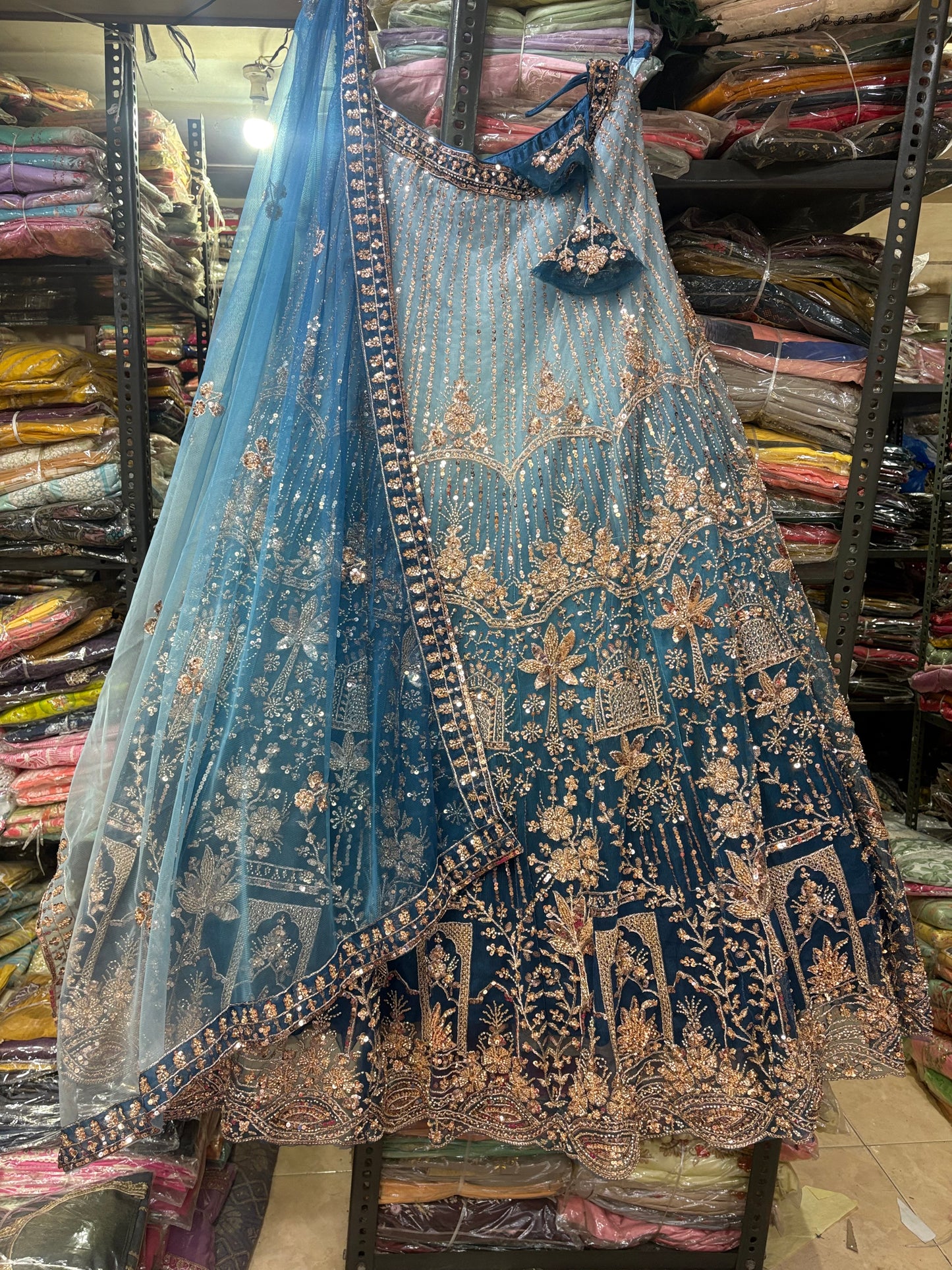 Embellished Blue Double Shade Crop Top Lehenga