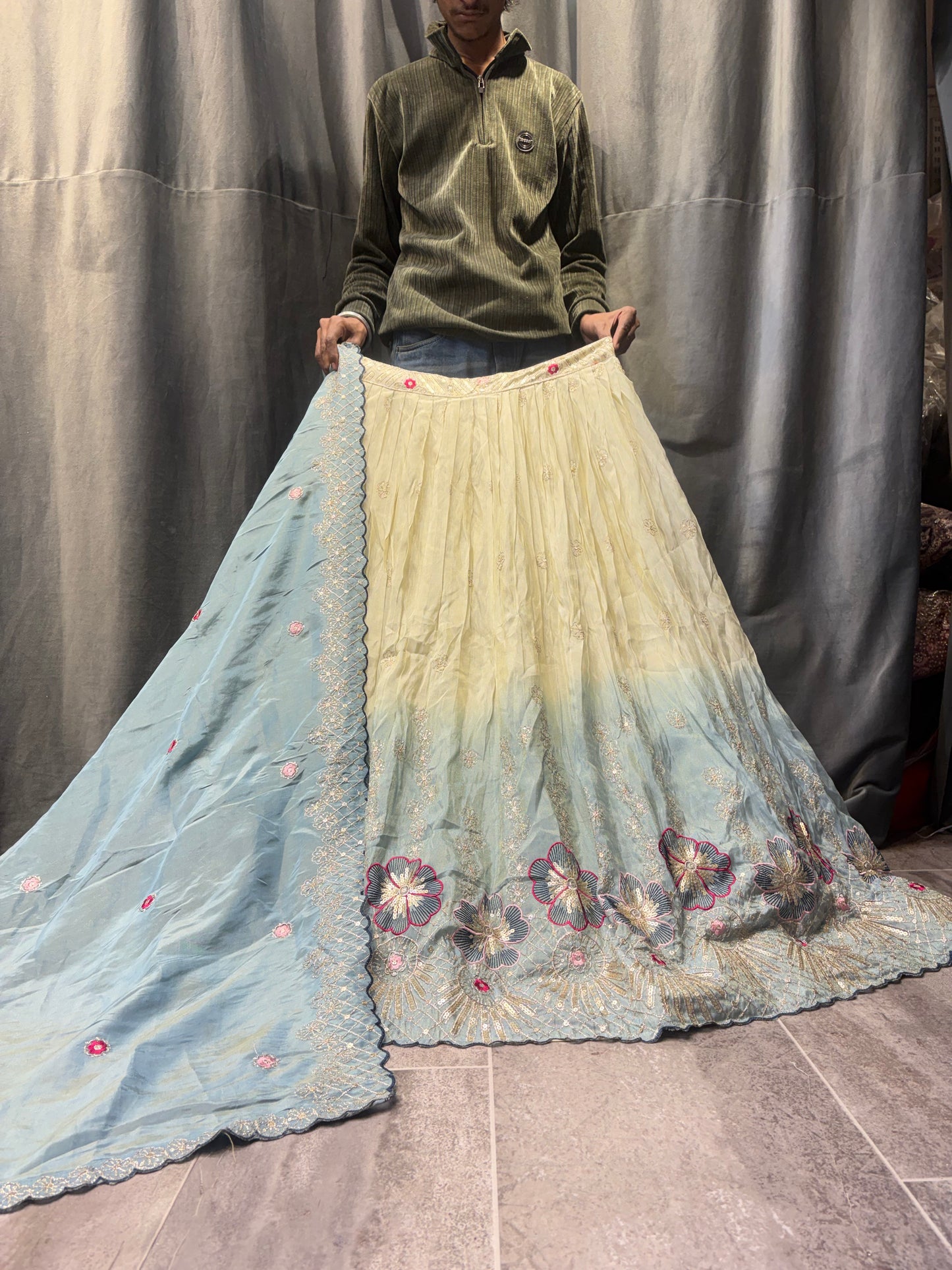 Designer Cream Blue Double Shade Lehenga