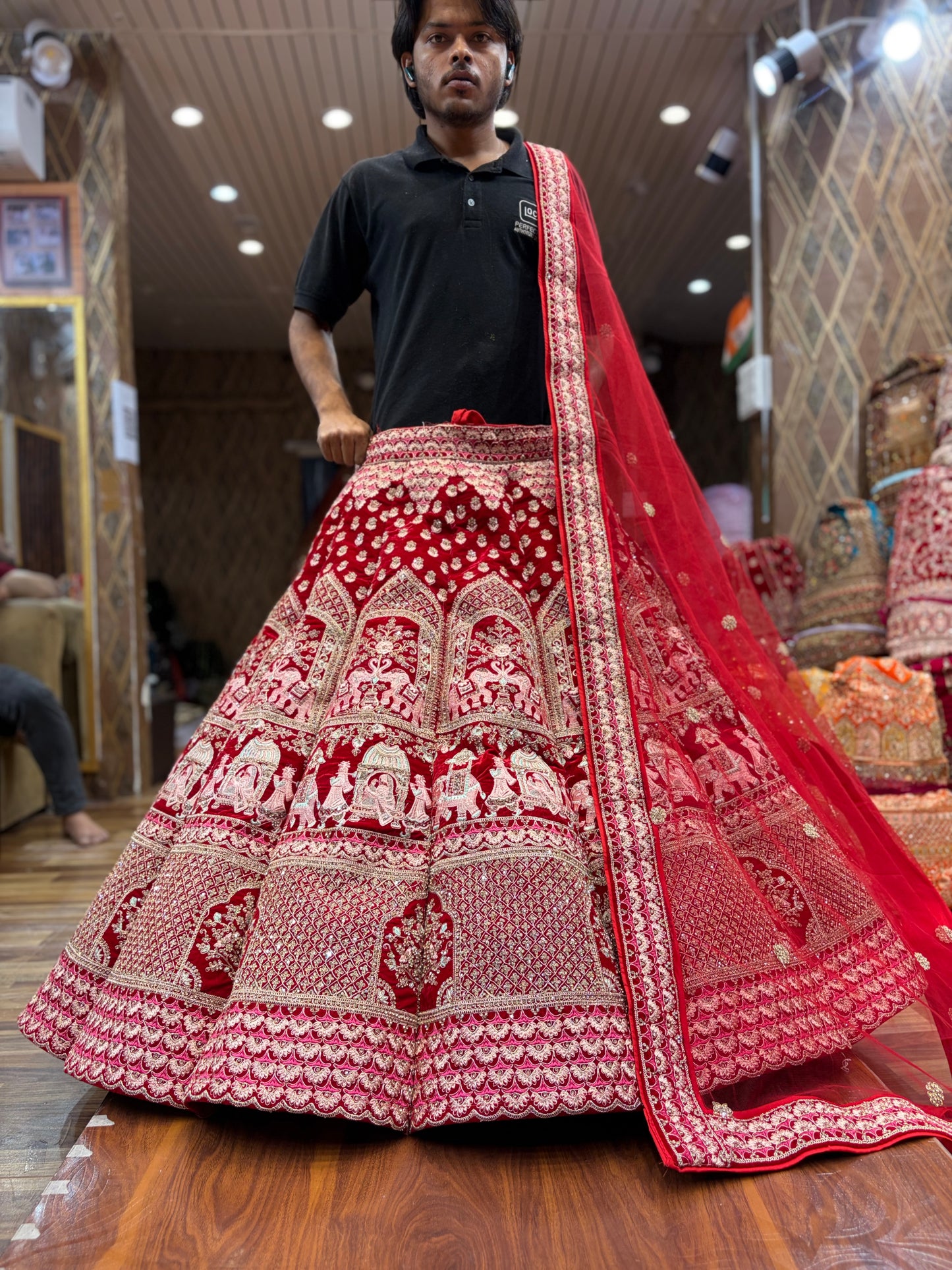 Doli Barat figure pattern red Ball Bridal Lehenga
