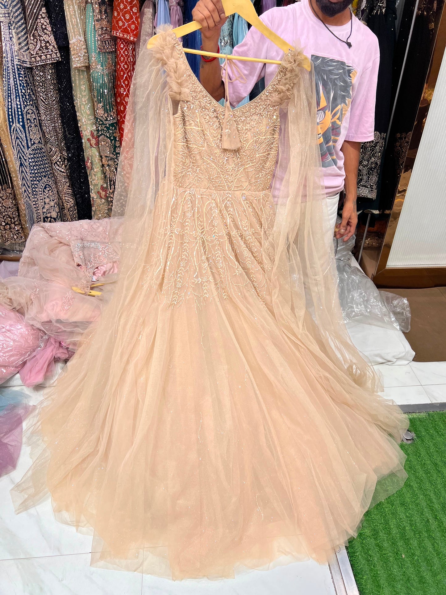 Beige Golden Designer Gown