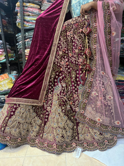 Pleasing wine pink peacock Bridal Lehenga