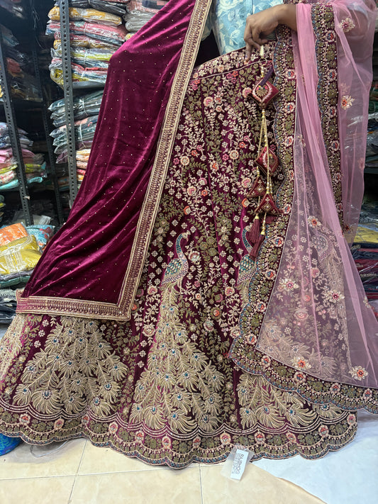 Rani Pink Lehenga peacock velvet fabric - Shopping World