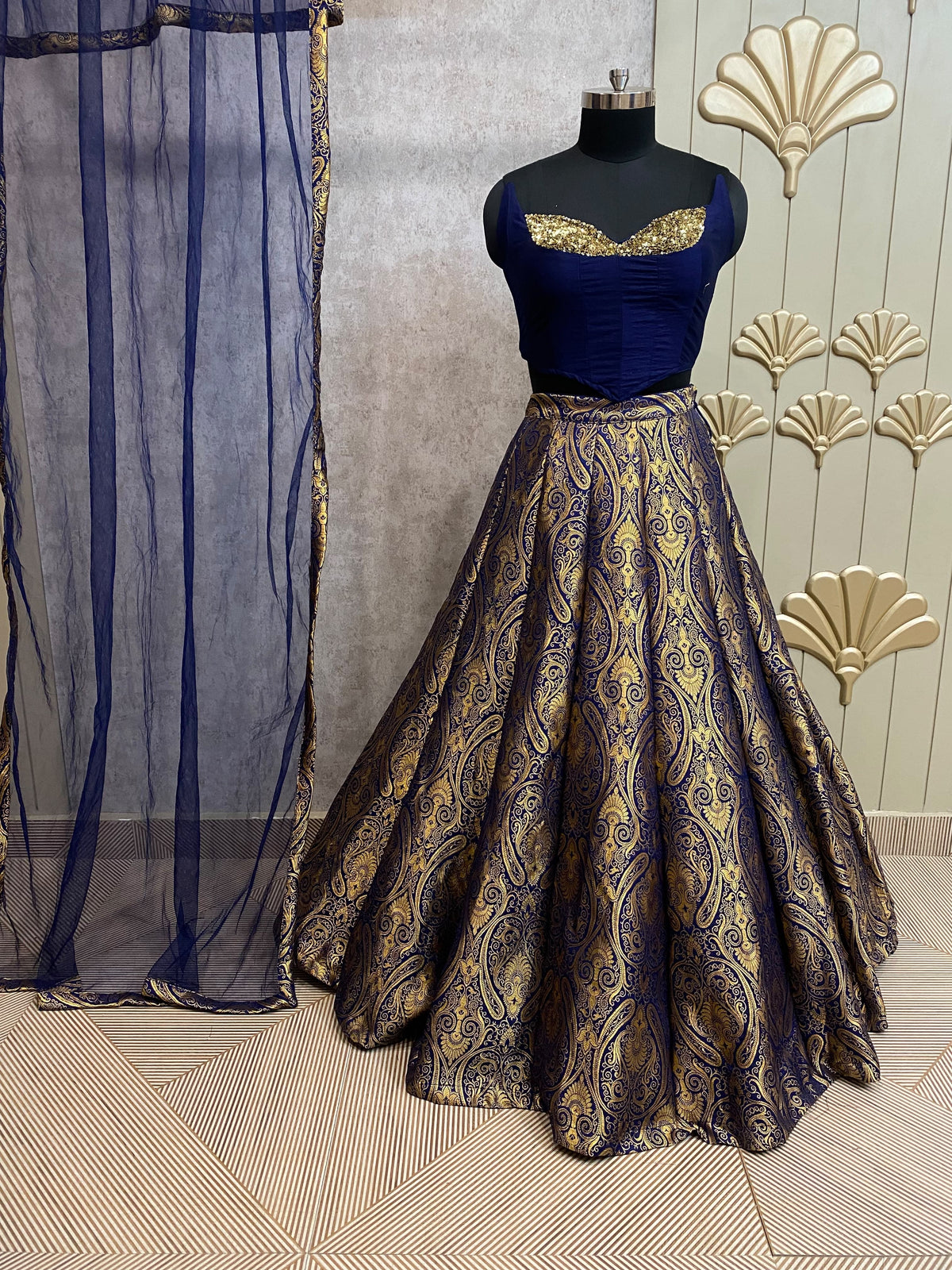 Navy blue Banarasi crop top Lehenga