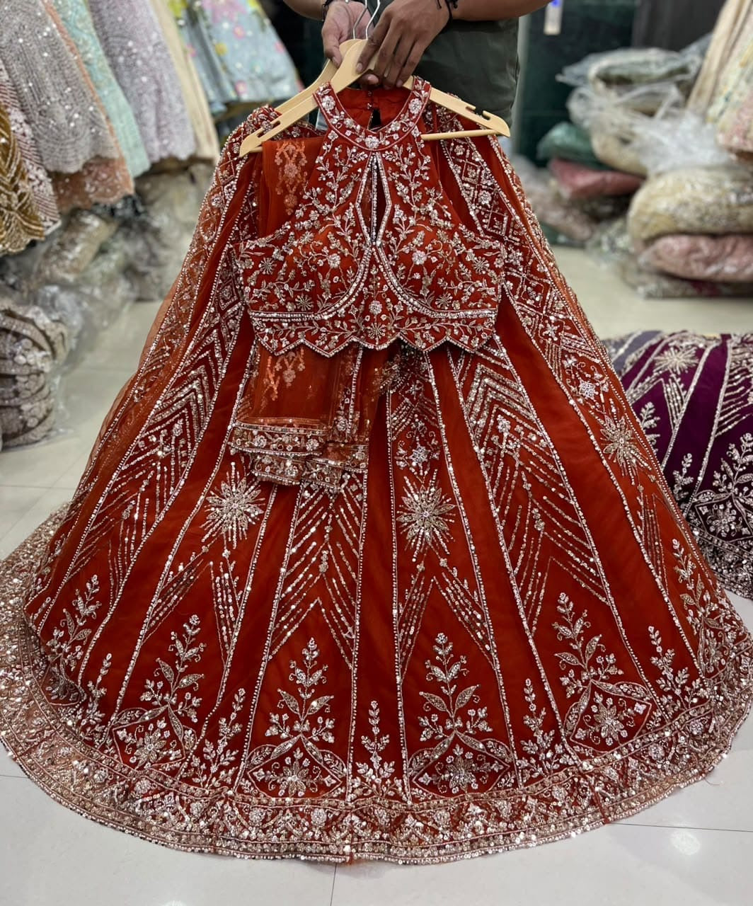 maroon purple red blue golden Crop Top Lehenga