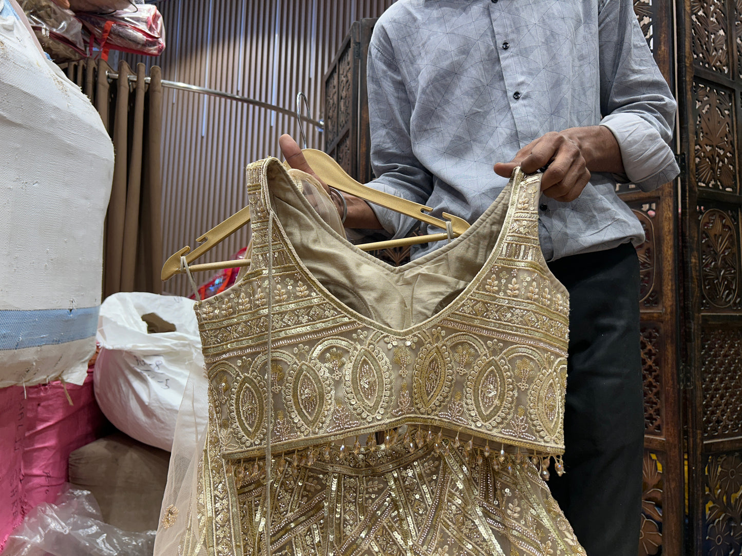 Pleasing golden crop top lehenga