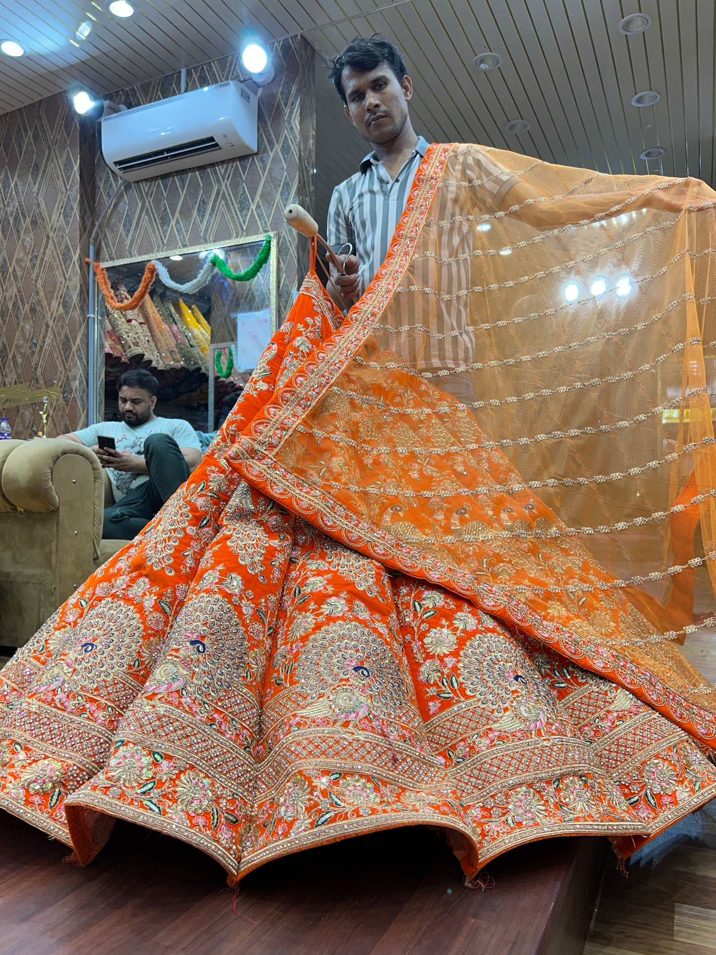 Something different handmade orange peacock ball bridal lehenga