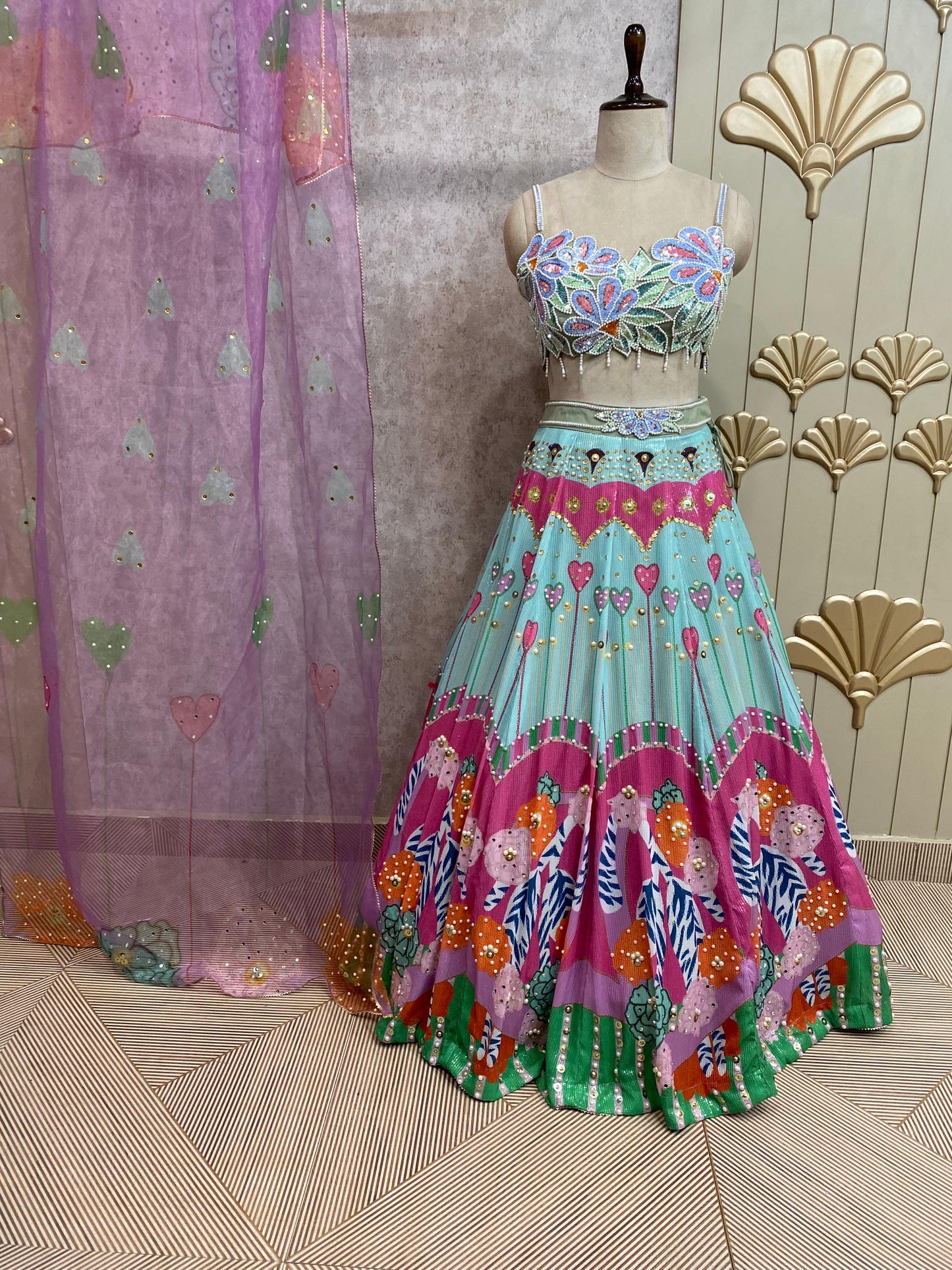 Blue pink crop top lehenga