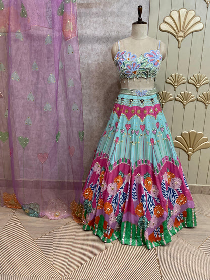 Blue pink crop top lehenga