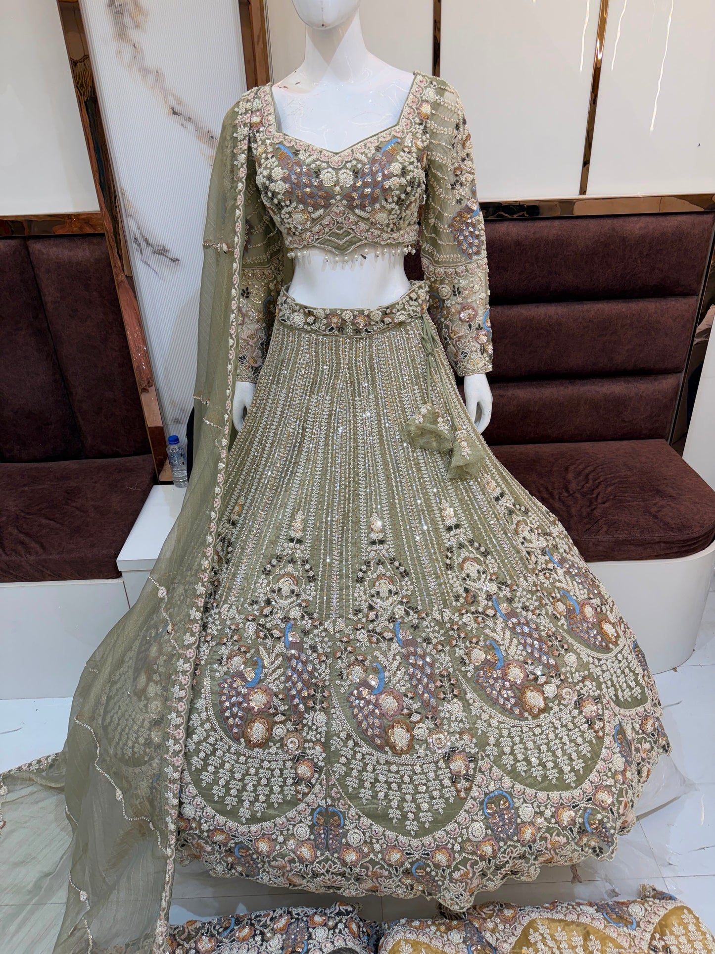 Green yellow brown crop top Lehenga