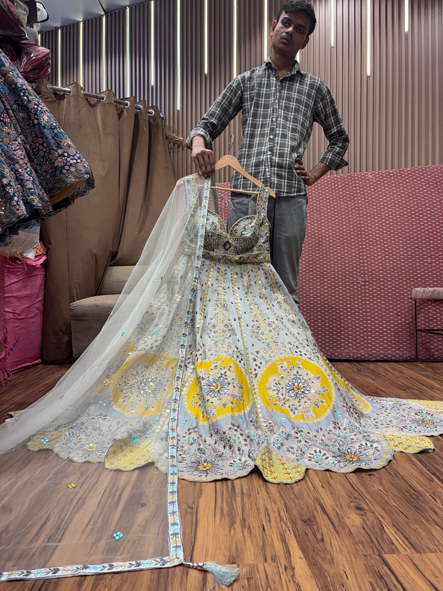 Stunning blue yellow crop top Lehenga