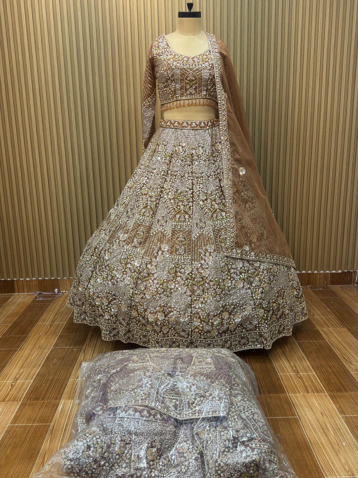 Golden brown mustard lavender Crop top Lehenga